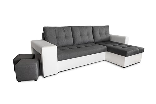 Generisch Möbel NAWSTOL - Ecksofa Wohnzimmer - Ausziehbares Ecksofa in L-Form mit Schlaffunktion 205 x 130 cm - Ecksofa mit Bettkasten - Leon (Dunkelgrau + Weißes Kunstleder, Ecksofa Rechts) von Generisch