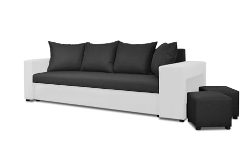 Generisch Möbel Nawstol - Ausziehbares Schlafsofa 190 x 130 cm - Couch für das Wohnzimmer mit Bettkasten - Zwei Hocker im Preis inbegriffen (Dunkelgrau + weißes Kunstleder) von Generisch