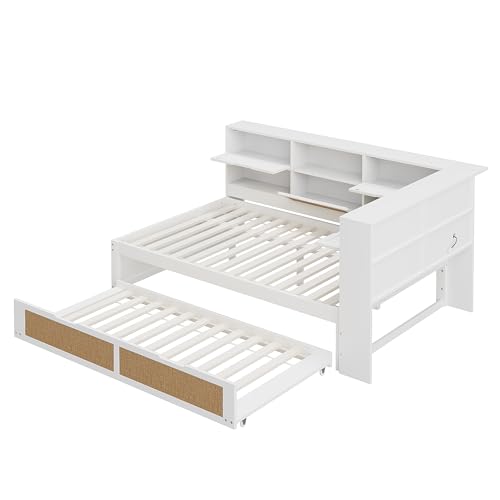 Generisch Multifunktionales Massivholz-Schlafsofa 140x200 cm mit Ausziehbett, USB-Ladeanschlüssen & integrierten Staufächern – Platzsparendes Gästebett in Weiß (Montage erforderlich) von Generisch