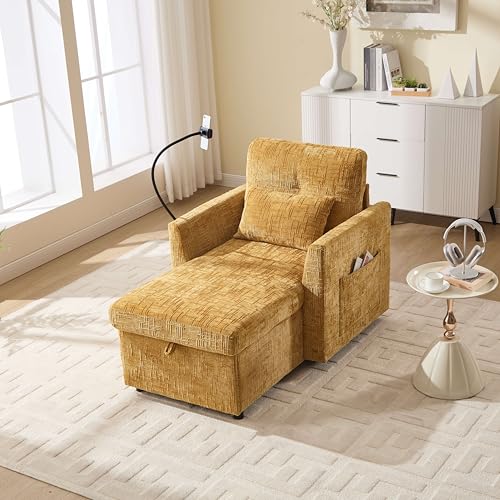 Generisch Multifunktionales Schlafsofa mit Verstellbarer Rückenlehne, Handyhalterung, Chenille-Stoff, Grau, 125x84,5x87cm (Mustard Yellow) von Generisch