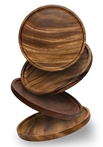 Generisch Natürliche Holzteller, Essteller aus Akazienholz, rund, Serviertablett aus Holz 4er Set rustikale Teller (4 x 30cm) von Generisch