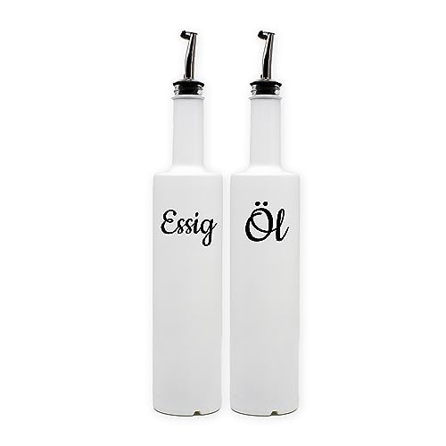 Ölflasche Essigflasche Set, 500 ml, weiß beschichtet, aus Glas, mit Edelstahl-Ausgießer - Made in Germany - edel und hochwertig von Generisch