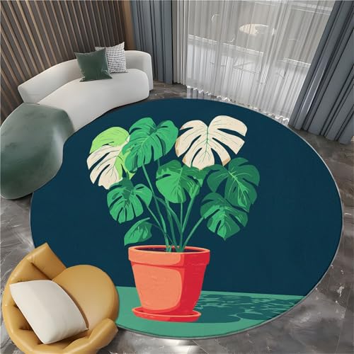 Generisch Ölgemälde Blumentopf Monstera Runder Teppich Wohnzimmer Grün Schlafzimmer Flanell Weiche Runder Teppich, 180 cm Kinderzimmer Runde Teppiche für Küche Korridor Esszimmer Bodenmatte von Generisch