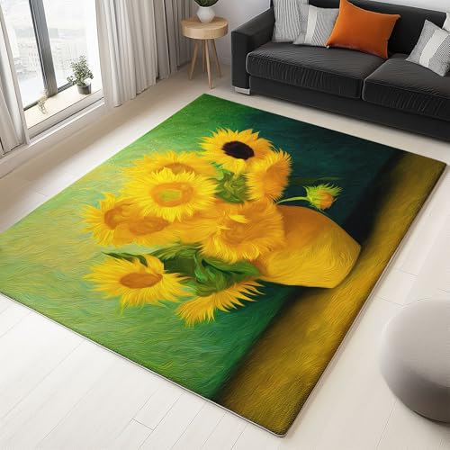 Ölmalstil Blumen Vase Sonnenblumen Teppich Wohnzimmer 180 x 240 cm, Supersoft Kurzflor Teppich Schlafzimmer, Waschbar Anti-Rutsch fussmatte für Jugendzimmer Badezimmer, Grün Ölmalstil Blumen Vase Sonnenblumen Teppich Wohnzimmer 180 x 240 cm, Supersoft Kurzflor Teppich Schlafzimmer, Waschbar Anti-Rutsch fussmatte für Jugendzimmer Badezimmer, Grün von Generisch
