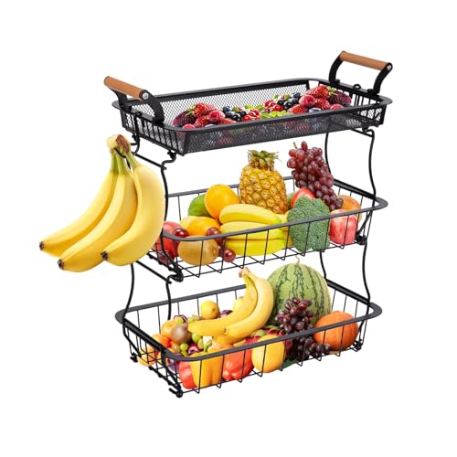 Generisch Obstkorb mit 3 Etagen & 2 Bananenhaltern - Großer Metall-Gemüsekorb für Küche, Theke & Speisekammer - Obstständer für Äpfel, Bananen, Zwiebeln & Snacks - Schwarz von Generisch