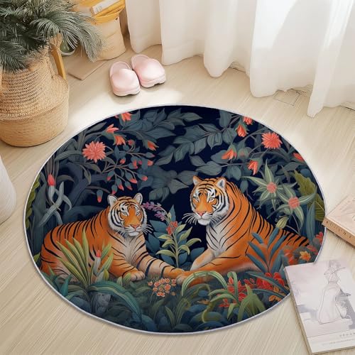 Generisch Orange Dunkelgrün Runder Teppich 150 cm für Schlafzimmer, Retro Tiere Tiger Pflanzen Thema Kurzflor Rund Teppiche rutschfest Weich und Bequem - für Badezimmer Büro Kinderzimmer Generisch Orange Dunkelgrün Runder Teppich 150 cm für Schlafzimmer, Retro Tiere Tiger Pflanzen Thema Kurzflor Rund Teppiche rutschfest Weich und Bequem - für Badezimmer Büro Kinderzimmer von Generisch