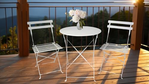 Generisch Outdoor Sitzgruppe 613-402088 Bistro-Set 3-TLG. Weiß Klapptisch Rund mit 2 Klappstühlen Balkon Garnitur 3-teilig zusammenklappbar Garten Sitzgruppe 3-Teilig Camping Möbelgruppe von Generisch