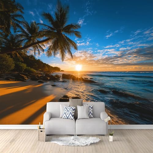 Generisch Panorama Tapete Küste Natur Palmblätter, Blau Vliestapete Wandtapete für Büro Flur Schlafzimmer Wohnzimmer wand Dekoration - 350 x 256 cm (B x H) von Generisch