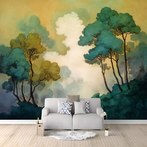 Generisch Panorama Tapete Traumhaft Handgemalt Wald, Gelbgrün Vliestapete Wandtapete für Büro Flur Schlafzimmer Wohnzimmer wand Dekoration - 250 x 175 cm (B x H) von Generisch