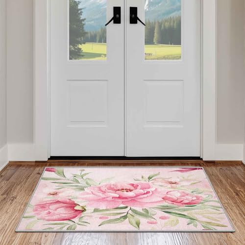 Generisch Pfingstrosen Teppich 240x340 cm Waschbar Wohnzimmerteppich Blütenmuster Teppiche Für Esszimmer Bunte Blumen Teppiche Deko Kurzflor rutschfest Großformat von Generisch