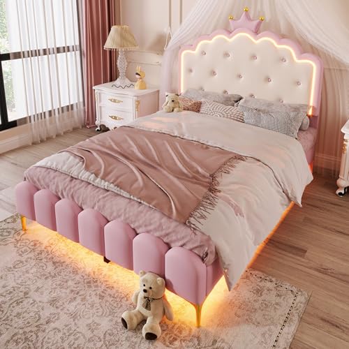 Generisch Polsterbett, 140 x 200 cm, mit Lattenrost (ohne Matratze), Ambiente-Licht mit Fernbedienung, Kronprinzessinnenform, Material PU, Rosa von Generisch