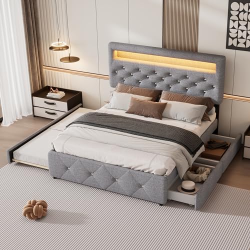 Generisch Polsterbett, 140 x 200 cm (90 x 190 cm), LED-Kopfteil, Ausziehbares Doppelbett, Jugendbett mit 2 Schubladen, Grau von Generisch