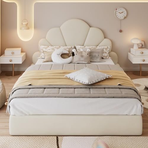 Generisch Polsterbett,Doppelbett 140 X 200 cm,Kinderbett,Jugendbett mit Kopfteil,Geschwungenen Blütenblättern.Bettrahmen mit Lattenrost.Samt,Ohne Matratze,Beige von Generisch