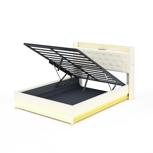 Generisch Polsterbett 140 * 200 cm mit USBund Hydraulischer Lagerung, Hautfreundlicher Leinenstoff Beige von Generisch