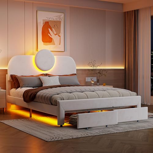Generisch Polsterbett 140 x 200 cm, LED Doppelbett mit 2 Großer Stauraum, Bettrahmen mit Lattenrost und Kopfteil, Jugendbett, Samt, Beige (Ohne Matratze) von Generisch