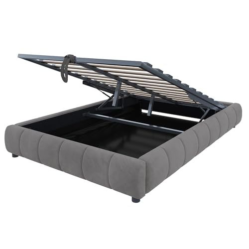 Generisch Polsterbett 140 x 200 cm, ohne Kopfteil, mit LED-Lichtleiste (einfarbig), hydraulischer Schwebebettrahmen mit Stauraum, Einzelbett, grau von Generisch
