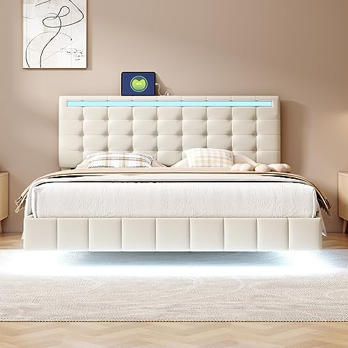 Generisch Polsterbett 160 x 200 cm, gepolsterter Schwebebettrahmen mit LED-Leuchten und Kopfteildesign, flächiges Doppelbett-Gästebett in hautfreundlichem Leinen Beige von Generisch