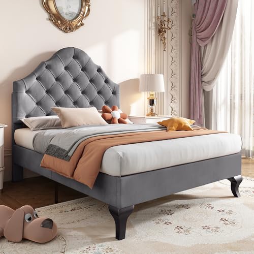 Polsterbett 90 * 200 mit Lattenrost und Kopfteil, Einzelbett mit höhenverstellbares Kopfteil, für Erwachsene & Jugendliche, Holzlattenunterstützung, (Ohne Matratze) Samt, Grau von Generisch