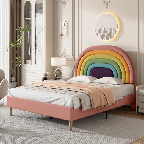 Generisch Polsterbett 90 X 200 cm,Bettrahmen mit Lattenrost und Höhenverstellbares Kopfteil.Jugendbett,für Erwachsene und Jugendliche (Ohne Matratze),Einfache Montage,Gewichtskapazität:150kg.Rosa. von Generisch