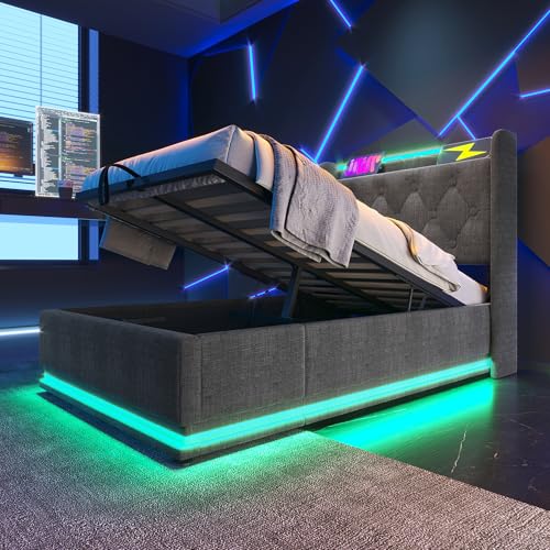 Generisch Polsterbett 90x200 cm, Einzelbett mit LED, Hydraulisches Stauraumbett mit USB Typ-C Ladefunktion, Jugendbett Bettgestell mit Lattenrost, Gästebett für Schlafzimmer (Ohne Matratze) PU Weiß von Generisch