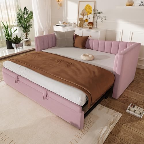 Generisch Polsterbett Daybett 90 x 200 cm (180 x 200 cm) mit Ziehbett Sofabett Einzelbett Doppelbett (Ohne Matratze) Samt minimalistischer Stil Rosa von Generisch