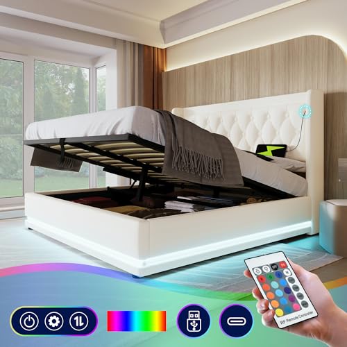 Generisch Polsterbett Doppelbett 140 * 200 cm,Weiß PU-Material Hydraulisches Stauraumbett, gepolstertes Kopfteil mit USB Typ-C Ladefunktion, 3-seitige LED-Funktion(Ohne Matratze) von Generisch