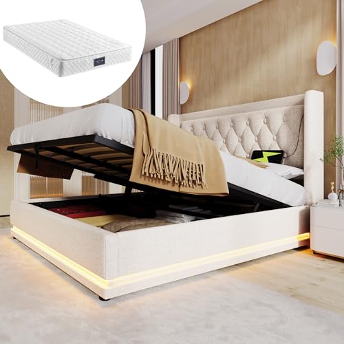 Generisch Polsterbett Doppelbett 160 * 200 cm,Beige Baumwolle-Material Hydraulisches Stauraumbett, gepolstertes Kopfteil mit USB Typ-C Ladefunktion, 3-seitige LED-Funktion(Mit Matratze) von Generisch