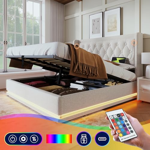 Generisch Polsterbett Doppelbett 160 * 200 cm,Beige Baumwolle-Material Hydraulisches Stauraumbett, gepolstertes Kopfteil mit USB Typ-C Ladefunktion, 3-seitige LED-Funktion(Ohne Matratze) von Generisch