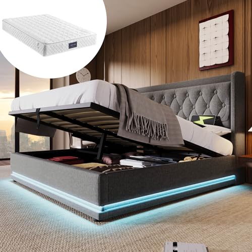 Generisch Polsterbett Doppelbett 160 * 200 cm,Grau Baumwolle-Material Hydraulisches Stauraumbett, gepolstertes Kopfteil mit USB Typ-C Ladefunktion, 3-seitige LED-Funktion(Mit Matratze) von Generisch