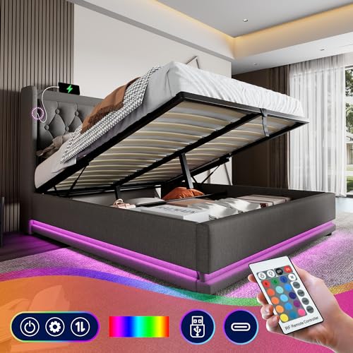 Generisch Polsterbett Doppelbett 160 * 200 cm,Grau Baumwolle-Material Hydraulisches Stauraumbett, gepolstertes Kopfteil mit USB Typ-C Ladefunktion, 3-seitige LED-Funktion(Ohne Matratze) von Generisch