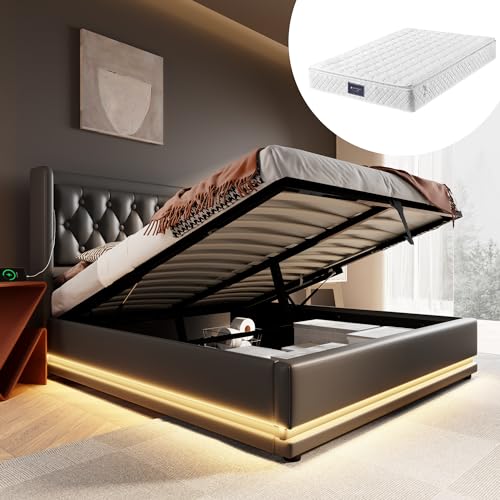 Generisch Polsterbett Doppelbett 160 * 200 cm,Schwarz PU-Material Hydraulisches Stauraumbett, gepolstertes Kopfteil mit USB Typ-C Ladefunktion, 3-seitige LED-Funktion(Mit Matratze) von Generisch