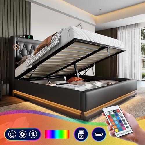 Generisch Polsterbett Doppelbett 160 * 200 cm,Schwarz PU-Material Hydraulisches Stauraumbett, gepolstertes Kopfteil mit USB Typ-C Ladefunktion, 3-seitige LED-Funktion(Ohne Matratze) von Generisch