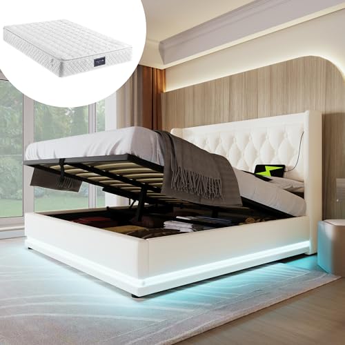 Generisch Polsterbett Doppelbett 160 * 200 cm,Weiß PU-Material Hydraulisches Stauraumbett, gepolstertes Kopfteil mit USB Typ-C Ladefunktion, 3-seitige LED-Funktion(Mit Matratze) von Generisch