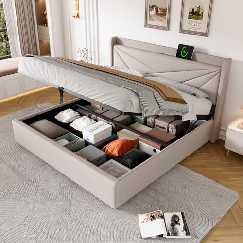 Generisch Polsterbett Doppelbett Stauraum Bettkasten mit USB Typ C Ladefunktion Kopfteil,Stauraumbetten Bettgestell aus Leinenmaterial Jugendbett 180x200 mit lattenrost(Ohne Matratze) von Generisch