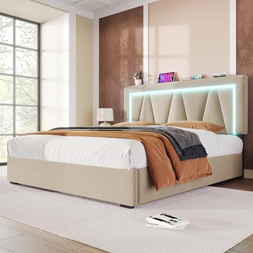 Generisch Polsterbett Doppelbett mit USB Typ C Ladefunktion und -Beleuchtung,Stauraumbetten Bettgestell aus Leinenmaterial Jugendbett 140x200 mit lattenrost(Ohne Matratze) von Generisch