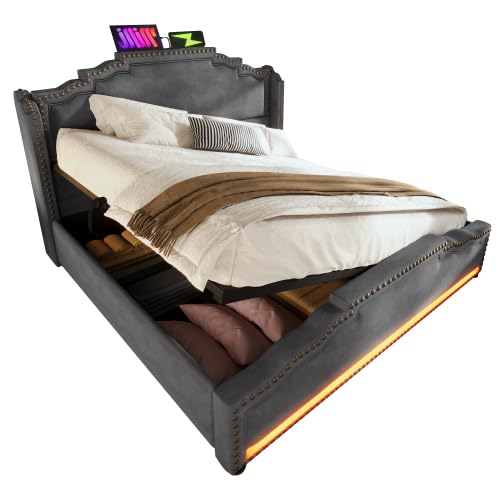 Generisch Polsterbett Doppelbett mit hydraulischem Stauraum, LED-Beleuchtung und USB-C-Ladeanschluss, Stauraumbett und Jugendbett mit Lattenrost, Samt, Grau, ohne Matratze (160 * 200CM) von Generisch