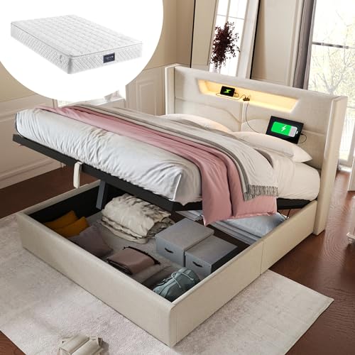 Generisch Polsterbett LED Doppelbett mit USB Typ C Ladefunktion und LED-Beleuchtung,Stauraumbetten Bettgestell aus Leinenmaterial Jugendbett 140x200 mit lattenrost(Mit Matratze) von Generisch