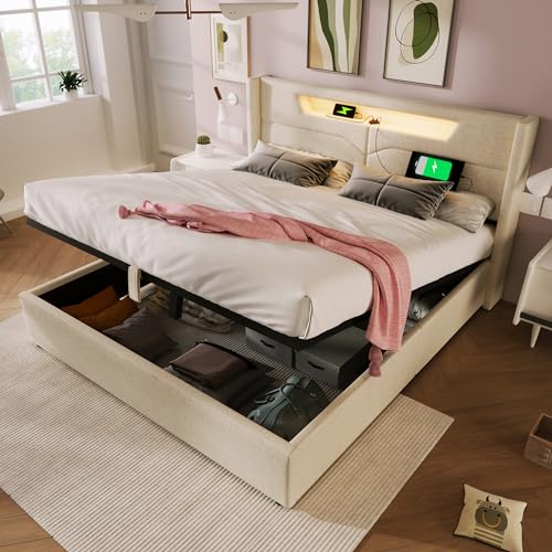 Generisch Polsterbett LED Doppelbett mit USB Typ C Ladefunktion und LED-Beleuchtung,Stauraumbetten Bettgestell aus Leinenmaterial Jugendbett 140x200 mit lattenrost(Ohne Matratze),Beige von Generisch