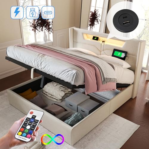Generisch Polsterbett LED Doppelbett mit USB Typ C Ladefunktion und LED-Beleuchtung,Stauraumbetten Bettgestell aus Leinenmaterial Jugendbett 140x200 mit lattenrost(Ohne Matratze) von Generisch