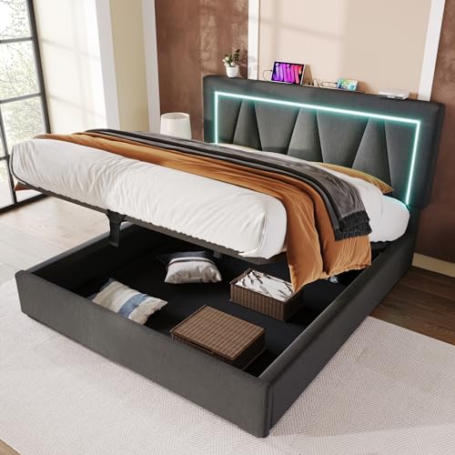 Generisch Polsterbett LED Doppelbett mit USB Typ C Ladefunktion und LED-Beleuchtung,Stauraumbetten Bettgestell aus Leinenmaterial Jugendbett 140x200 mit lattenrost(Ohne Matratze) von Generisch