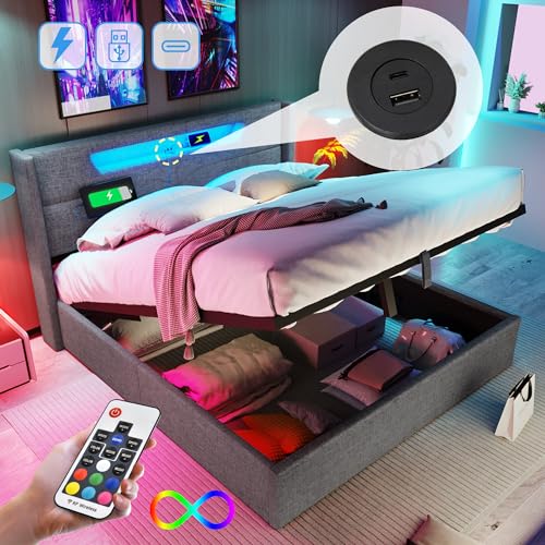 Generisch Polsterbett LED Doppelbett mit USB Typ C Ladefunktion und LED-Beleuchtung,Stauraumbetten Bettgestell aus Leinenmaterial Jugendbett 140x200 mit lattenrost(Ohne Matratze) von Generisch