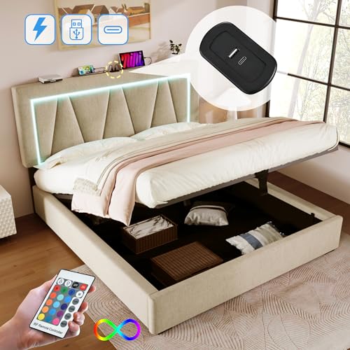 Generisch Polsterbett LED Doppelbett mit USB Typ C Ladefunktion und LED-Beleuchtung,Stauraumbetten Bettgestell aus Leinenmaterial Jugendbett 140x200 mit lattenrost(Ohne Matratze) von Generisch