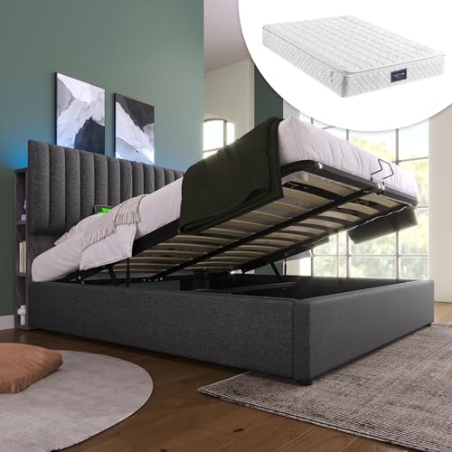 Generisch Polsterbett Stauraum Doppelbett LED App-Control Bett mit Aufladen USB Type C Ladefunktion, Stauraum & Verstellbares Kopfteil,140x200cm Lattenrost aus Holz, Grau (Mit Matratze) von Generisch
