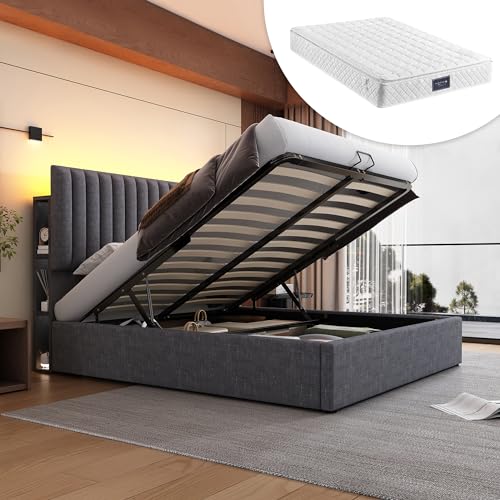 Generisch Polsterbett Stauraum Doppelbett LED App-Control Bett mit Aufladen USB Type C Ladefunktion, Stauraum & Verstellbares Kopfteil,160x200cm Lattenrost aus Holz, Grau (Mit Matratze) von Generisch