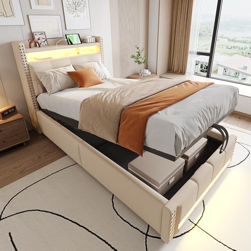 Generisch Polsterbett erbett 90x200cm mit - und USB-Steckdose, Kopfteil mit Einlegeböden und Stauraum, Mit Hydraulik für die Lagerung, Einzelbett, Leinenstoff Beige von Generisch