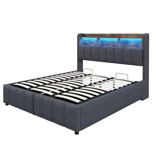 Generisch Polsterbett mit LED-Beleuchtung und USB-Anschlüssen, Kopfteil mit Regalen und Stauraum, mit hydraulischem Stauraum, Doppelbett für Erwachsene, Leinengrau, 180 * 200 cm von Generisch