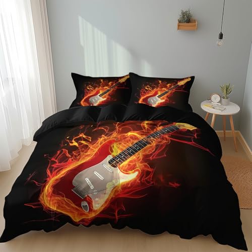Generisch Premium Bettbezug Set 155 x 200 cm, Musik Gitarre Flamme Hypoallergene Luxus-Bettwäsche, Perfekt für Moderne Haushalte, Atmungsaktiv und Hautfreundlicher Musikthema Bettbezug von Generisch