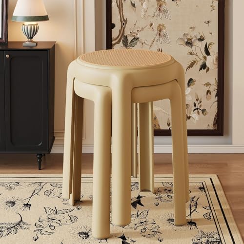 Generisch Rattan Stapelhocker Runde Barhocker 2er Set, Stapelbar Esszimmerstühle Sitzhocker Rückenfreie Bis 150 Kg Belastbar, 4 Colors(Khaki) von Generisch