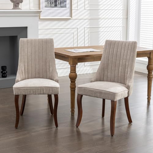 Generisch Rayon Cloth Flocking Linen Dining Chairs Kitchen Dinner Chair Comfy Fabric Upholstered Accent Chair for Dining Room with Curved Solid Wood Legs,Set of 2 (Beige) von Generisch