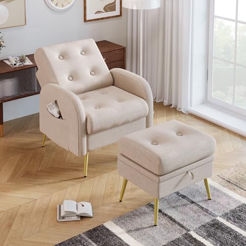 Generisch Relax-Sessel mit 3-Fach Verstellbarer Rückenlehne & integrierter Fußstütze – Extra Stauraum, neigbare Funktion, 90 kg Tragfähigkeit, Beige (68x77x85+52x42x47 cm) von Generisch